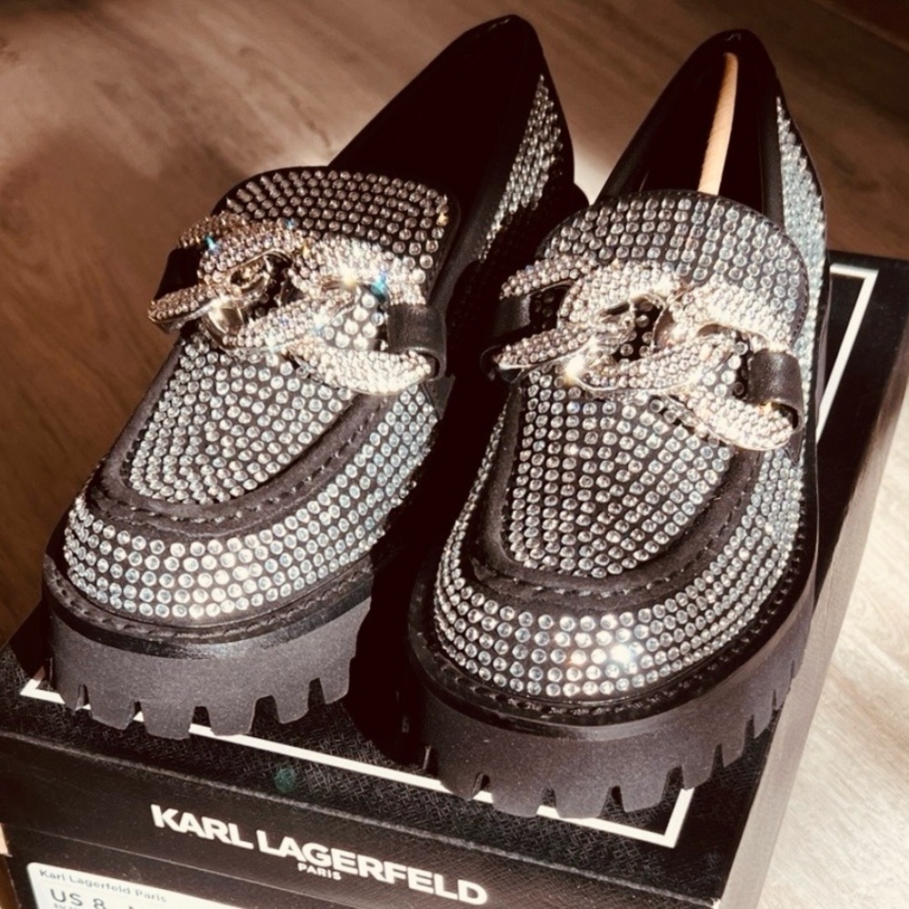 Karl Lagerfeld Black Studded Rhinestone Loafers - Picture 2 of 11